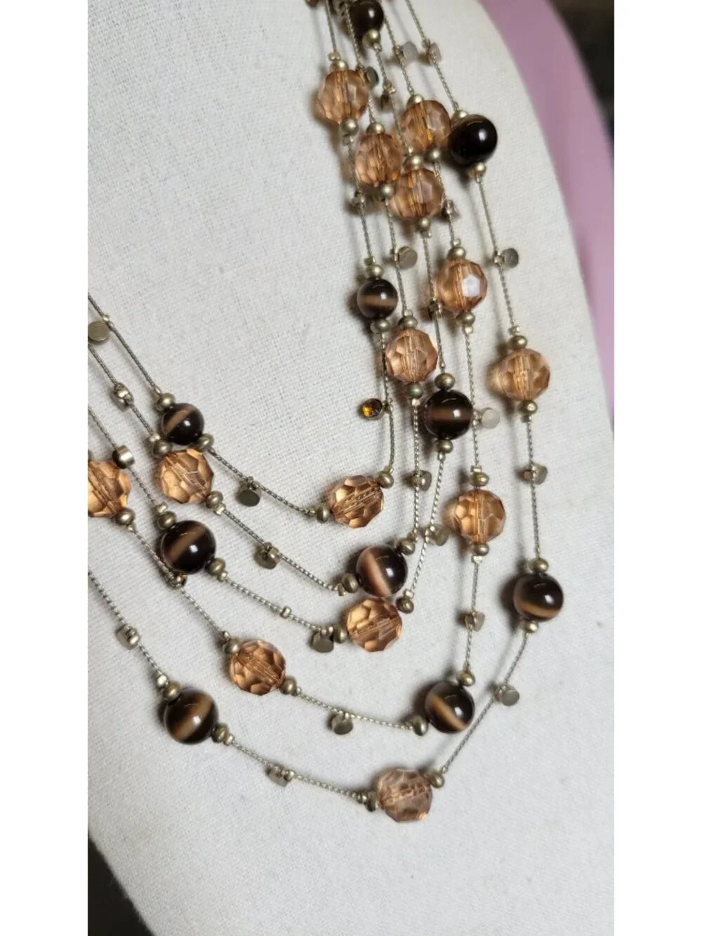 Two-toned Brown Cats Eye Layered Faceted Orange Rhinestone Costume Necklace N1A